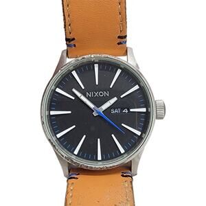 Nixon The Sentry Watch Mens Stainless Steel Leather Band Day Date Black Dial